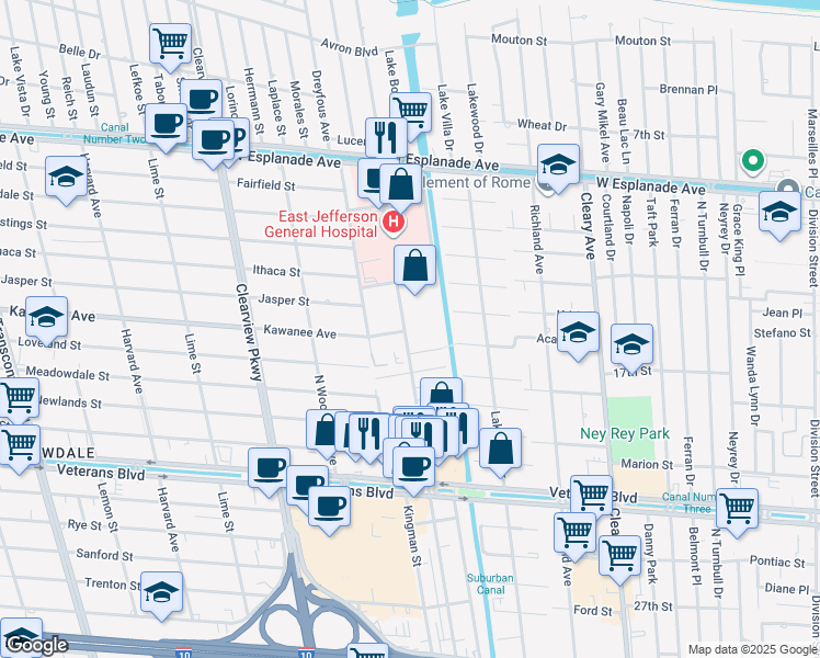 map of restaurants, bars, coffee shops, grocery stores, and more near 3805 Houma Boulevard in Metairie