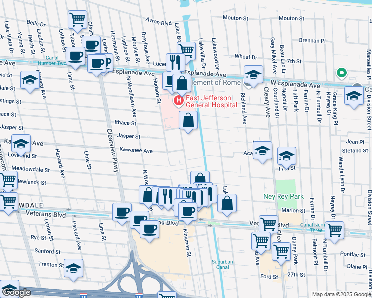 map of restaurants, bars, coffee shops, grocery stores, and more near 3805 Houma Boulevard in Metairie