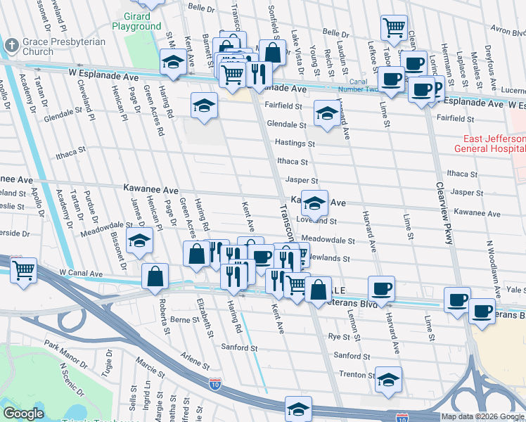 map of restaurants, bars, coffee shops, grocery stores, and more near 5028 Kawanee Avenue in Metairie
