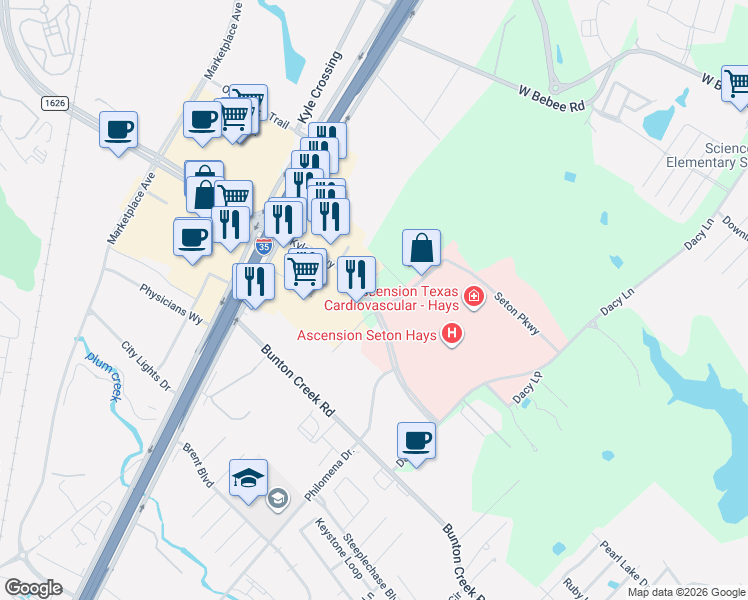 map of restaurants, bars, coffee shops, grocery stores, and more near 5896 Kyle Parkway in Kyle