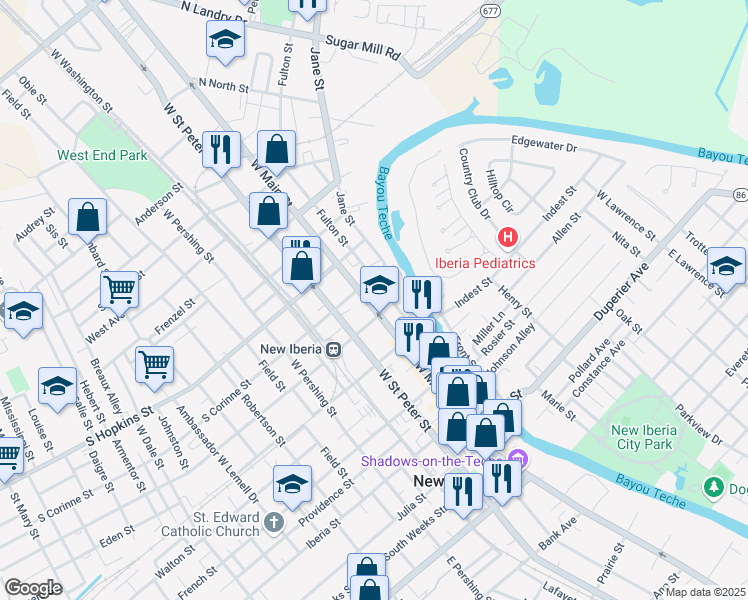 map of restaurants, bars, coffee shops, grocery stores, and more near 420 West Main Street in New Iberia