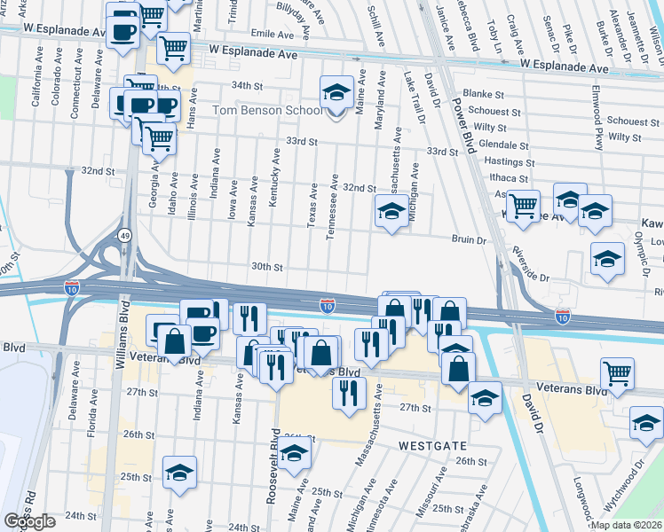 map of restaurants, bars, coffee shops, grocery stores, and more near 3013 Maine Avenue in Kenner