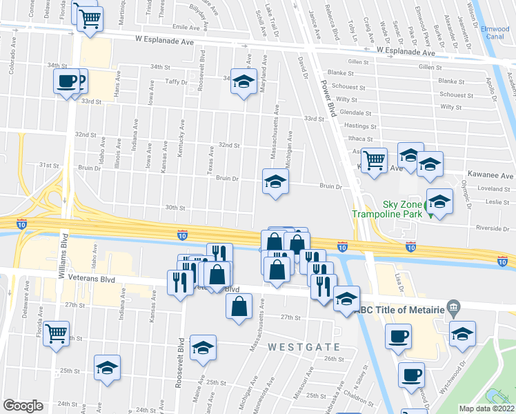 map of restaurants, bars, coffee shops, grocery stores, and more near 2921 Maryland Avenue in Kenner
