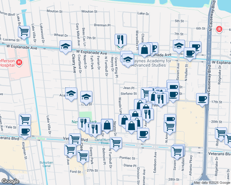 map of restaurants, bars, coffee shops, grocery stores, and more near 4001 Neyrey Drive in Metairie