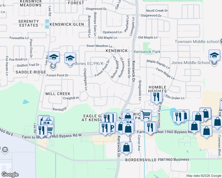 map of restaurants, bars, coffee shops, grocery stores, and more near 19838 Bolton Bridge Lane in Humble