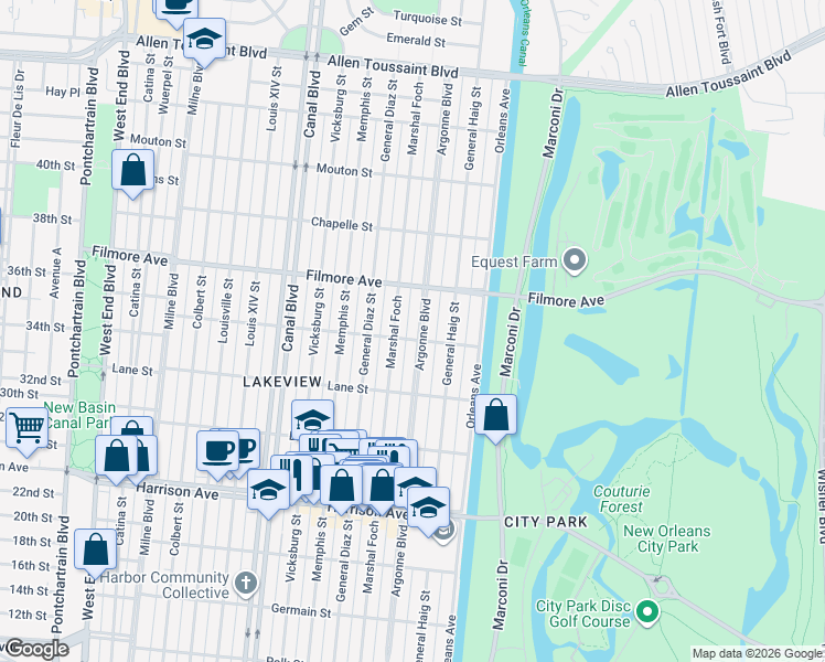map of restaurants, bars, coffee shops, grocery stores, and more near 6610 Argonne Boulevard in New Orleans
