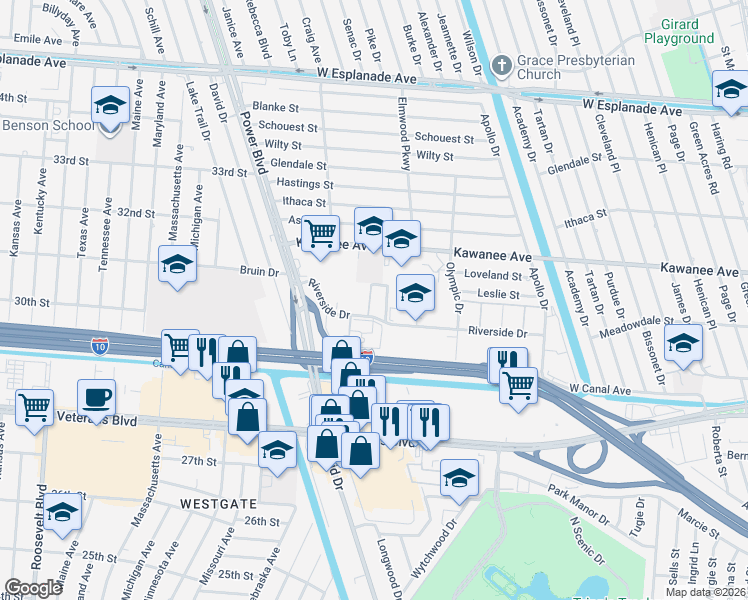 map of restaurants, bars, coffee shops, grocery stores, and more near 22 Nouveau Lane West in Metairie