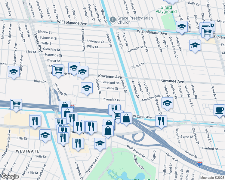 map of restaurants, bars, coffee shops, grocery stores, and more near 6317 Leslie Street in Metairie