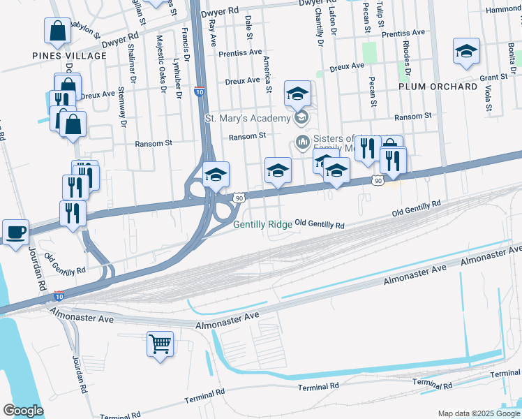 map of restaurants, bars, coffee shops, grocery stores, and more near 6636 Chef Menteur Highway in New Orleans