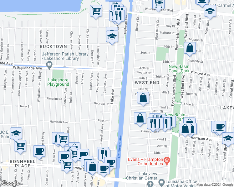 map of restaurants, bars, coffee shops, grocery stores, and more near 101 Rosebud Street in Metairie