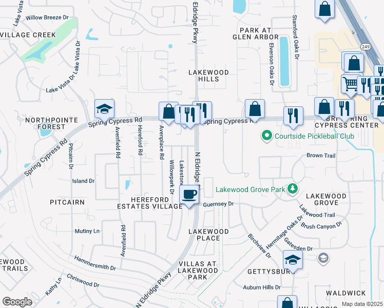 map of restaurants, bars, coffee shops, grocery stores, and more near 16415 North Eldridge Parkway in Tomball