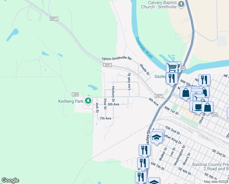 map of restaurants, bars, coffee shops, grocery stores, and more near 305 Hickory Street in Smithville