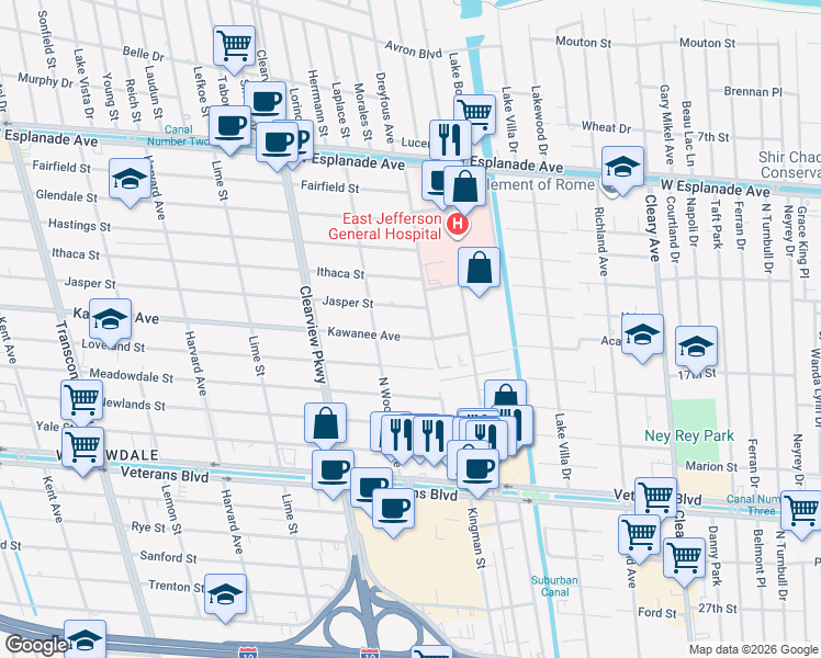 map of restaurants, bars, coffee shops, grocery stores, and more near 4417 Kawanee Avenue in Metairie