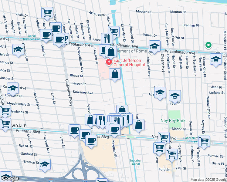 map of restaurants, bars, coffee shops, grocery stores, and more near 3805 Houma Boulevard in Metairie