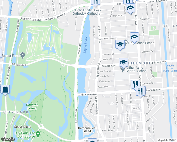 map of restaurants, bars, coffee shops, grocery stores, and more near 5300 Bancroft Drive in New Orleans