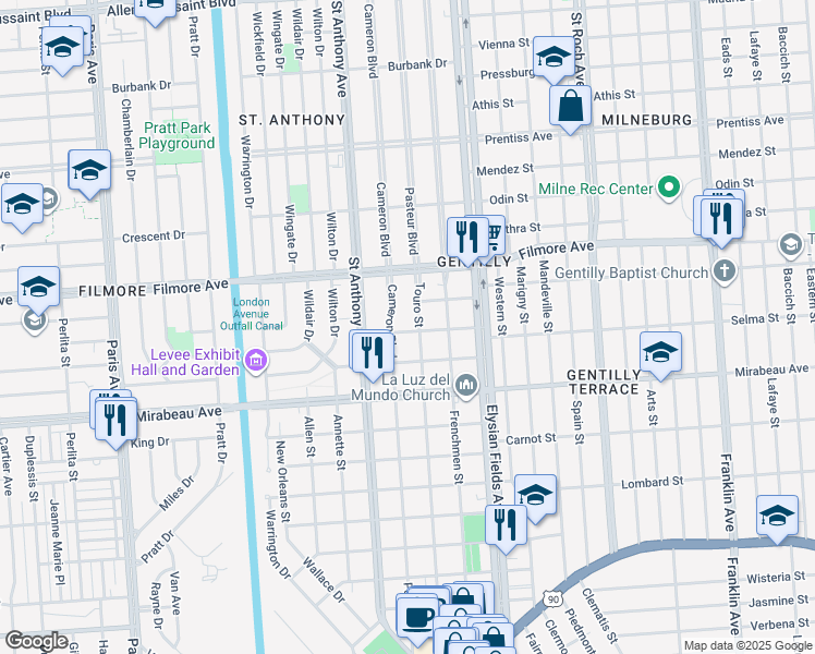 map of restaurants, bars, coffee shops, grocery stores, and more near 2069 Selma Street in New Orleans
