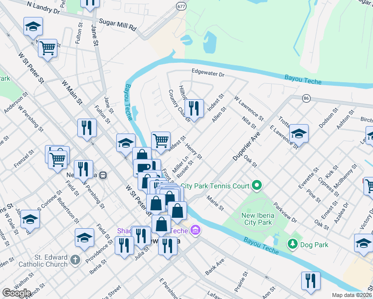 map of restaurants, bars, coffee shops, grocery stores, and more near 339-399 Henry St in New Iberia