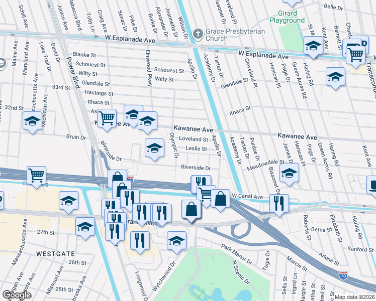 map of restaurants, bars, coffee shops, grocery stores, and more near 6404 Leslie Street in Metairie