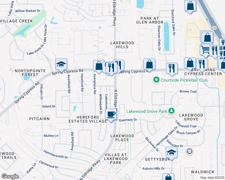 map of restaurants, bars, coffee shops, grocery stores, and more near 16415 North Eldridge Parkway in Tomball