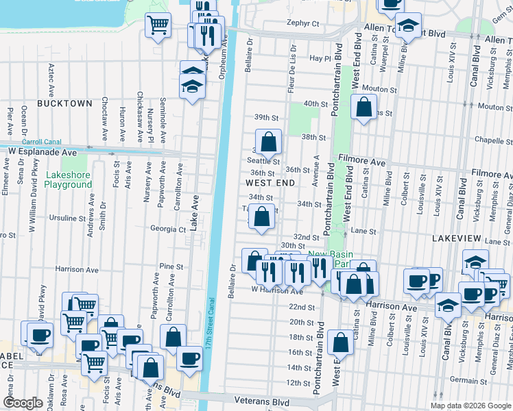 map of restaurants, bars, coffee shops, grocery stores, and more near 408 34th Street in New Orleans