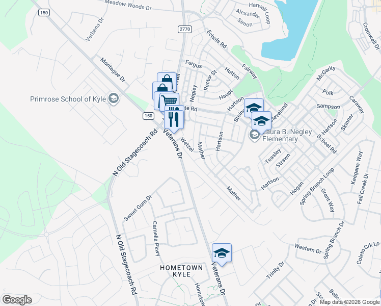 map of restaurants, bars, coffee shops, grocery stores, and more near 4130 Mather in Kyle