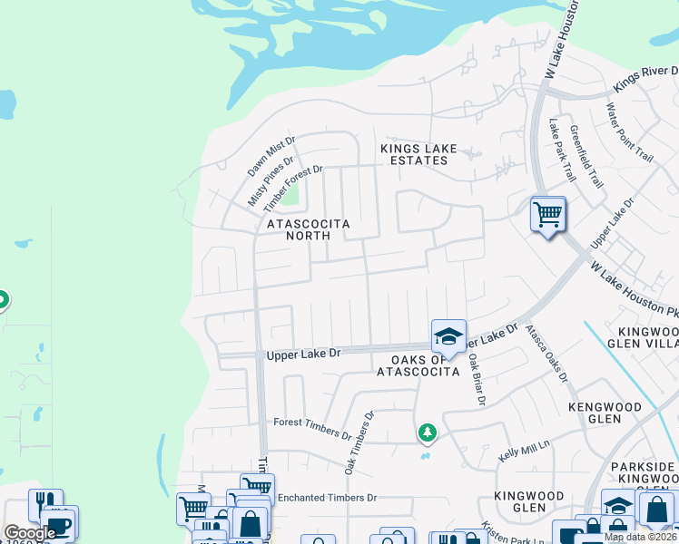 map of restaurants, bars, coffee shops, grocery stores, and more near 5523 Deer Timbers Trail in Humble