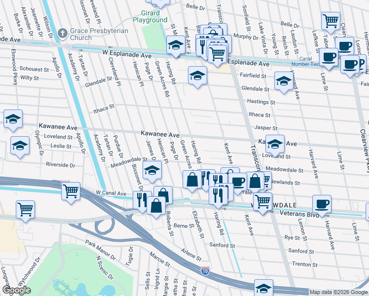 map of restaurants, bars, coffee shops, grocery stores, and more near 3705 Green Acres Road in Metairie