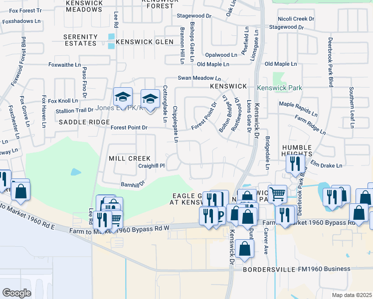 map of restaurants, bars, coffee shops, grocery stores, and more near 19811 Woodhall Court in Humble