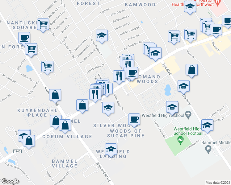 map of restaurants, bars, coffee shops, grocery stores, and more near 1817 Cypress Creek Pkwy in Houston