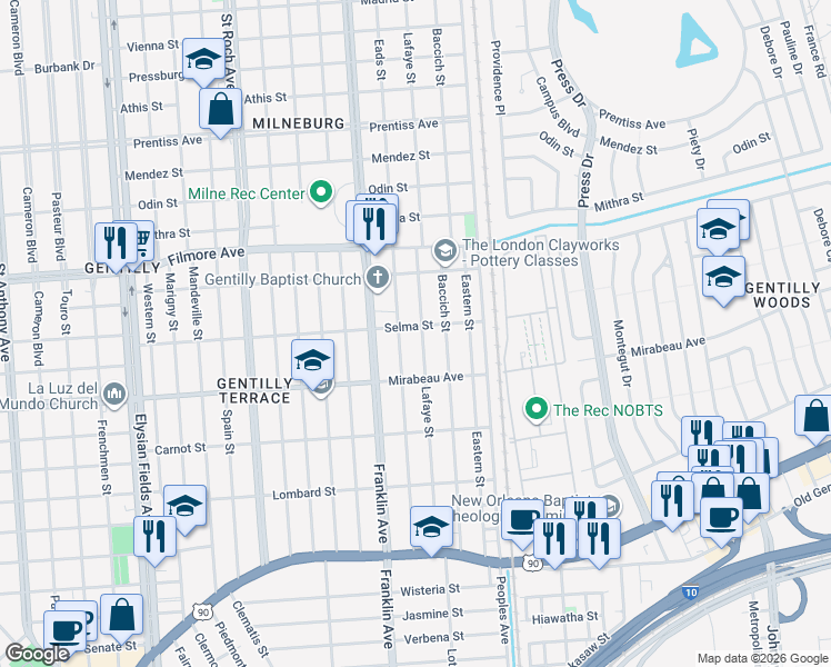 map of restaurants, bars, coffee shops, grocery stores, and more near 4979 Demontluzin Street in New Orleans