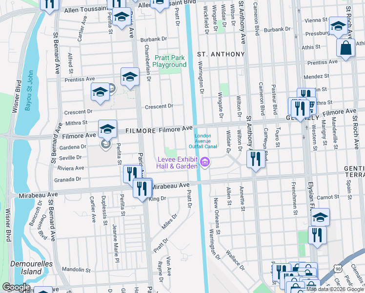 map of restaurants, bars, coffee shops, grocery stores, and more near 5193 Pratt Drive in New Orleans