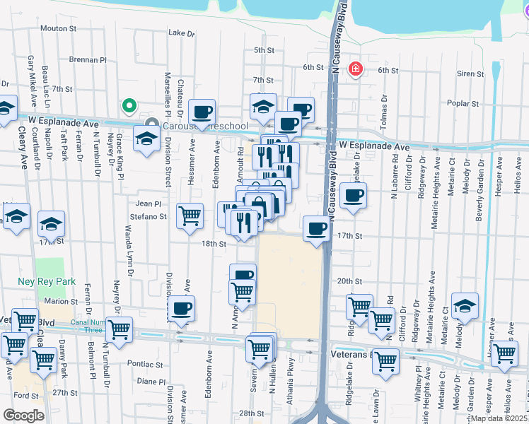 map of restaurants, bars, coffee shops, grocery stores, and more near 3351 Severn Avenue in Metairie