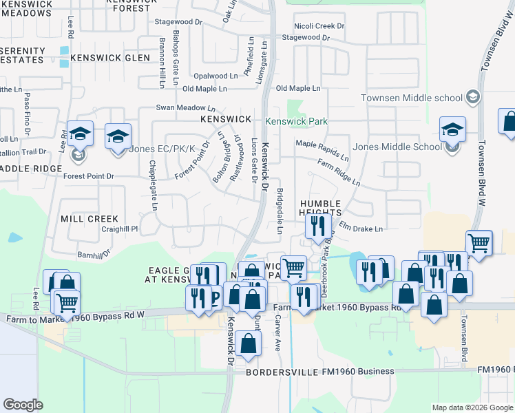 map of restaurants, bars, coffee shops, grocery stores, and more near 8542 Walnut Ridge Drive in Humble