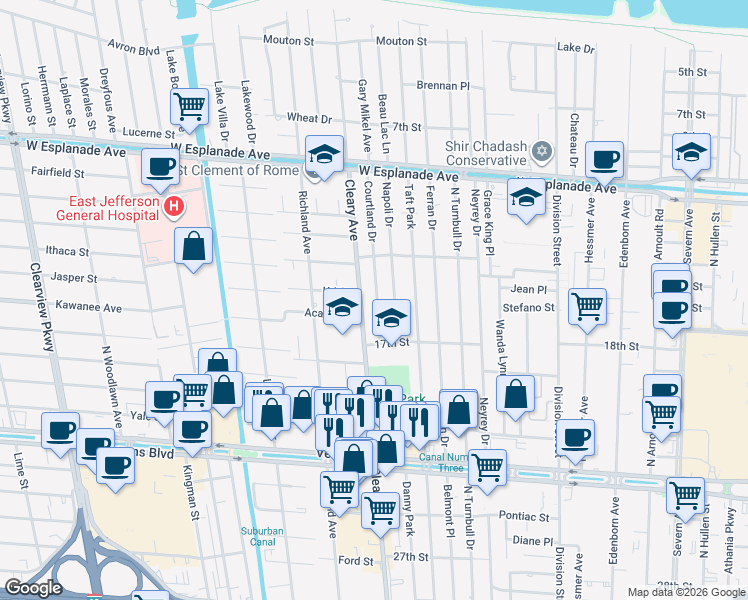 map of restaurants, bars, coffee shops, grocery stores, and more near 4000 Courtland Drive in Metairie