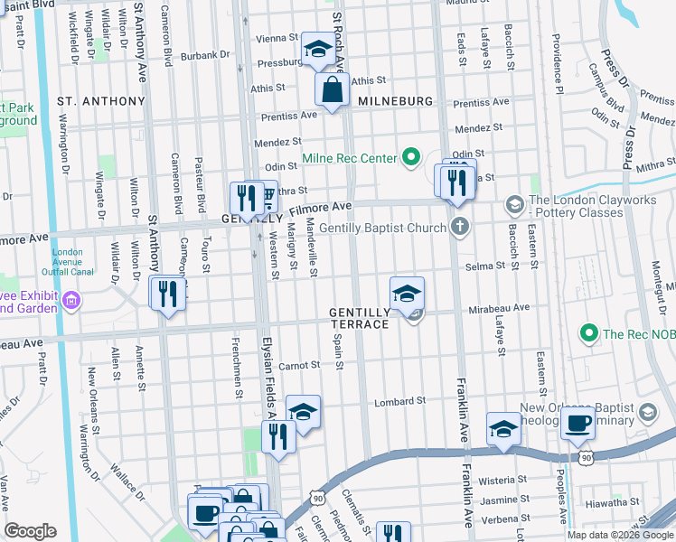 map of restaurants, bars, coffee shops, grocery stores, and more near 5118 Spain Street in New Orleans