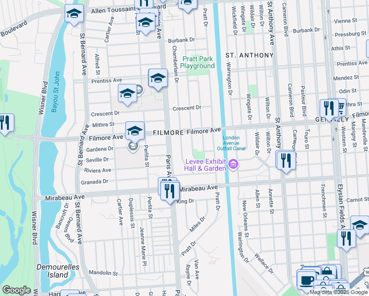 map of restaurants, bars, coffee shops, grocery stores, and more near 5223 Chamberlain Drive in New Orleans