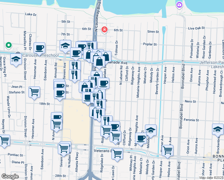 map of restaurants, bars, coffee shops, grocery stores, and more near 3405 Tolmas Drive in Metairie