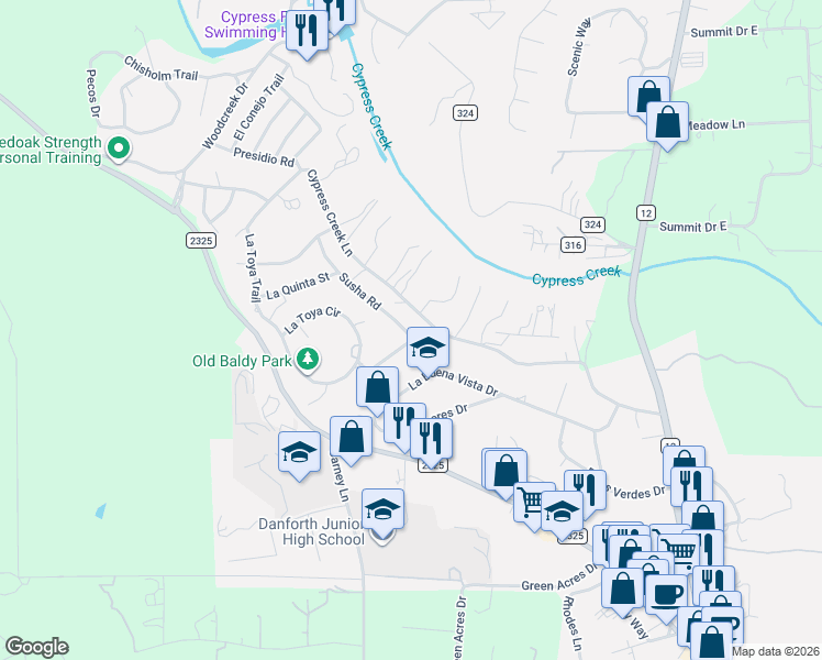 map of restaurants, bars, coffee shops, grocery stores, and more near 19 Susha Road in Wimberley