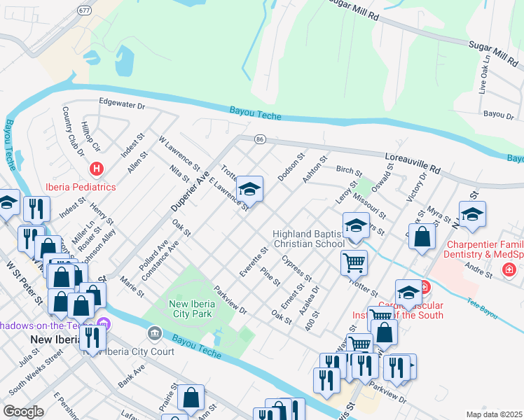 map of restaurants, bars, coffee shops, grocery stores, and more near 420 Dodson Street in New Iberia