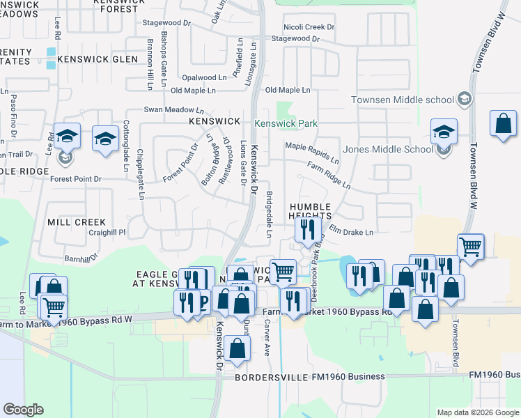 map of restaurants, bars, coffee shops, grocery stores, and more near 8542 Walnut Ridge Drive in Humble