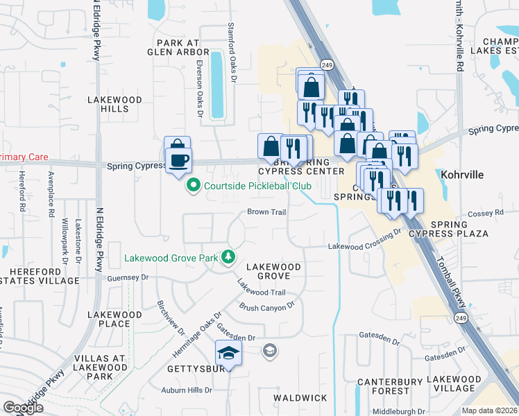map of restaurants, bars, coffee shops, grocery stores, and more near 11506 Brown Trail in Tomball