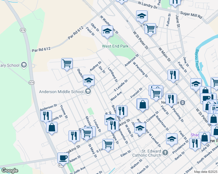 map of restaurants, bars, coffee shops, grocery stores, and more near 718 Elizabeth Street in New Iberia