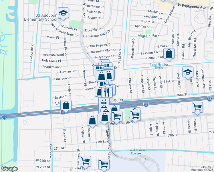 map of restaurants, bars, coffee shops, grocery stores, and more near 3102 Loyola Drive in Kenner