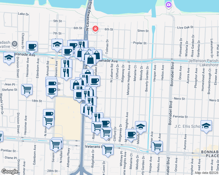 map of restaurants, bars, coffee shops, grocery stores, and more near 3405 Tolmas Drive in Metairie