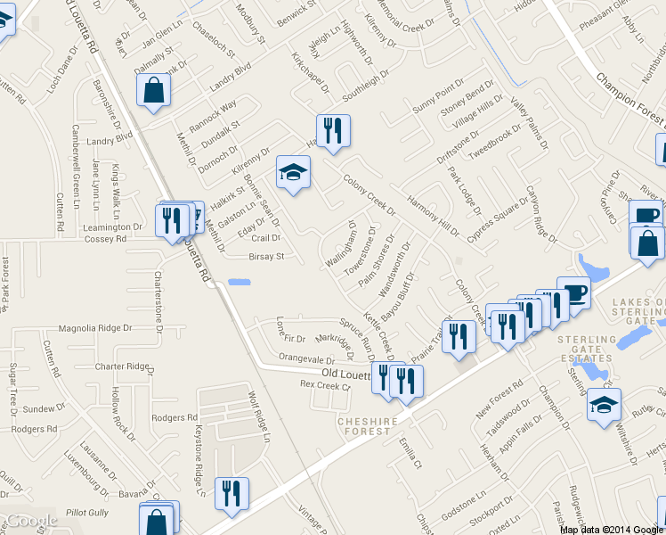 map of restaurants, bars, coffee shops, grocery stores, and more near 9419 Wallingham Drive in Spring