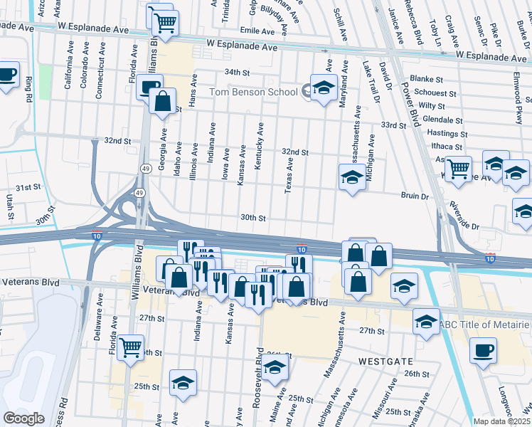 map of restaurants, bars, coffee shops, grocery stores, and more near 3005 Roosevelt Boulevard in Kenner