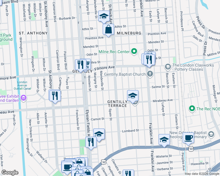 map of restaurants, bars, coffee shops, grocery stores, and more near 5118 Spain Street in New Orleans