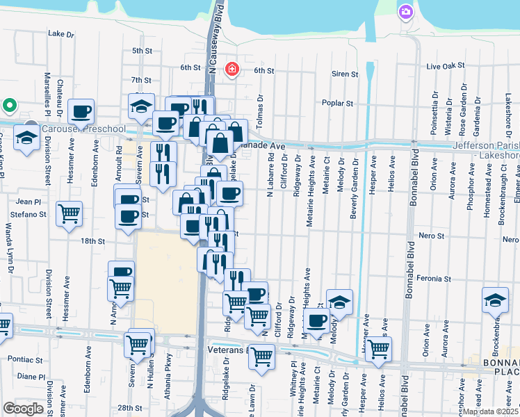 map of restaurants, bars, coffee shops, grocery stores, and more near 3405 Tolmas Drive in Metairie