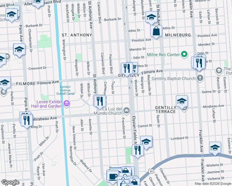 map of restaurants, bars, coffee shops, grocery stores, and more near 2143 Selma Street in New Orleans