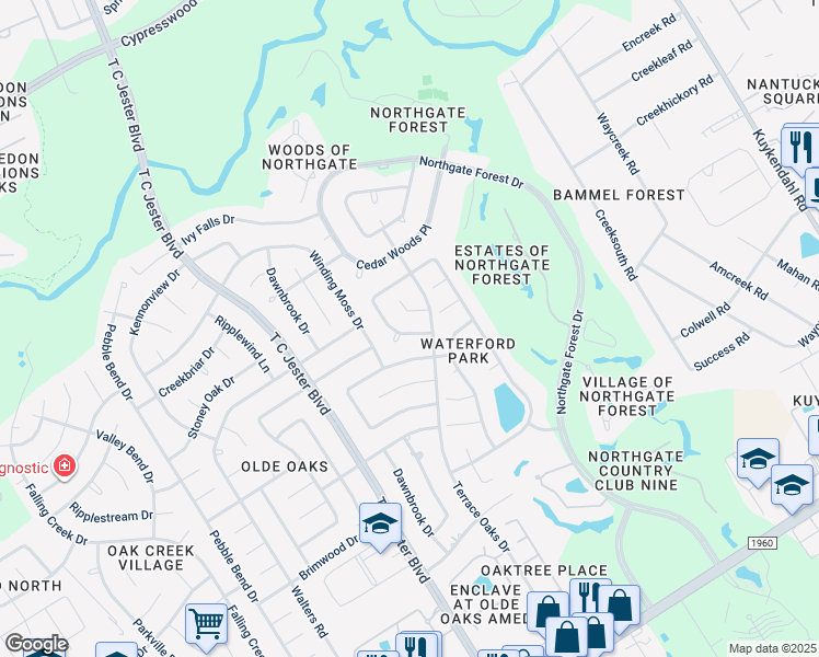 map of restaurants, bars, coffee shops, grocery stores, and more near 15419 Terrace Oaks Drive in Houston